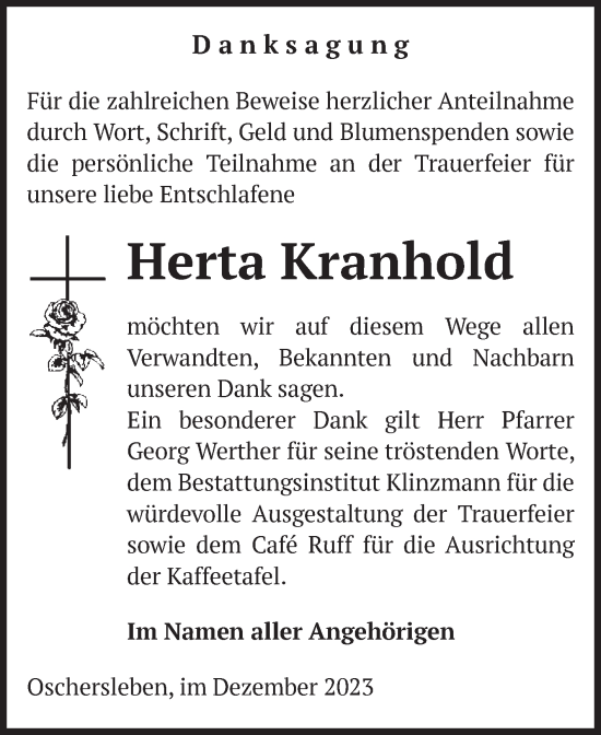 Traueranzeige von Herta Kranhold von Volksstimme Oschersleben/Wanzleben