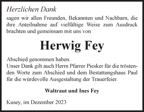 Traueranzeige von Herwig Fey von Volksstimme Altmark West