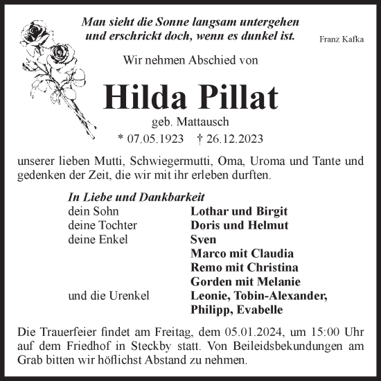 Traueranzeige von Hilda Pillat von Volksstimme Zerbst