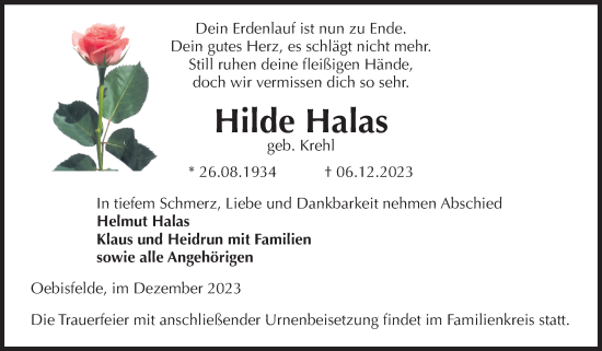 Traueranzeige von Hilde Halas von Volksstimme Altmark West