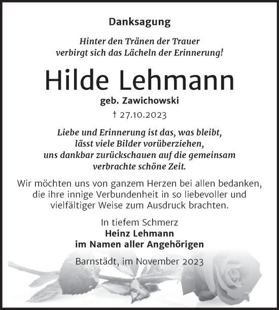 Traueranzeige von Hilde Lehmann von Trauerkombi Merseburg