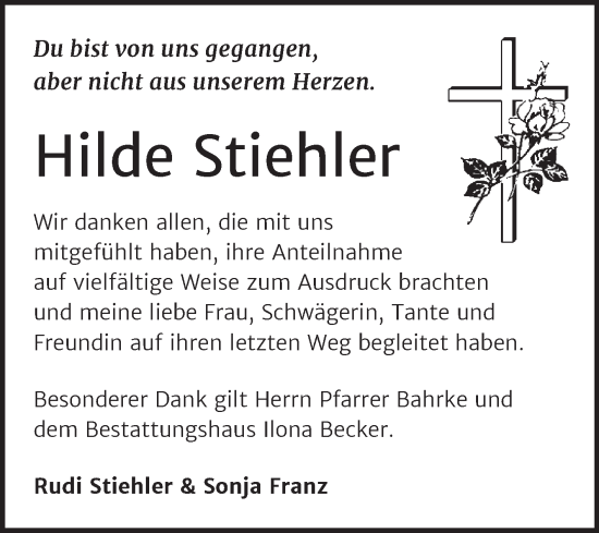 Traueranzeige von Hilde Stiehler von Trauerkombi Sangerhausen