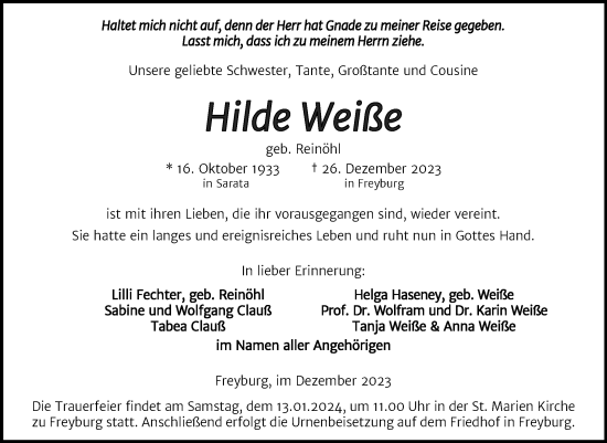 Traueranzeige von Hilde Weiße von Naumburger Tageblatt