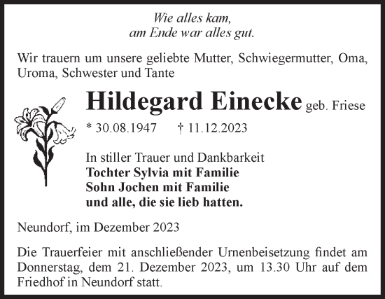 Traueranzeige von Hildegard Einecke von Volksstimme Staßfurt