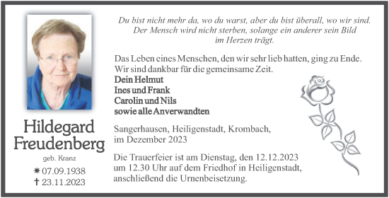Traueranzeige von Hildegard Freudenberg von Mitteldeutsche Zeitung Sangerhausen