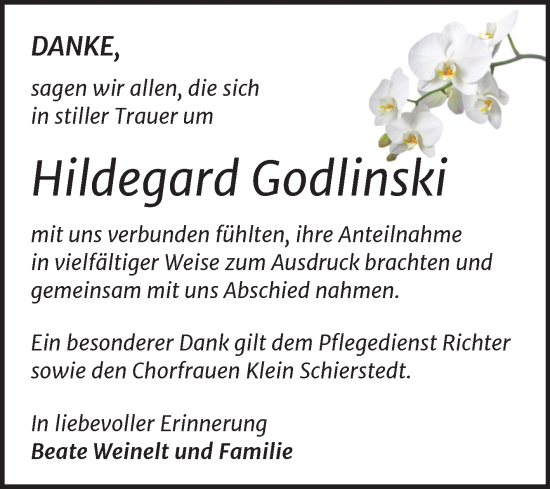 Traueranzeige von Hildegard Godlinski von Trauerkombi Aschersleben