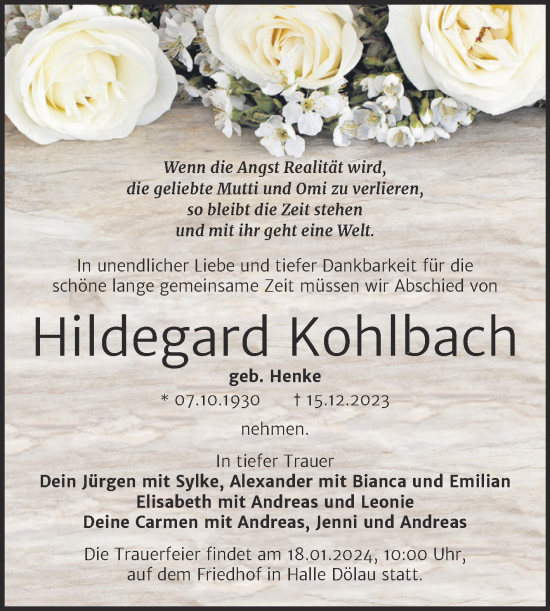 Traueranzeige von Hildegard Kohlbach von Mitteldeutsche Zeitung Halle/Saalkreis