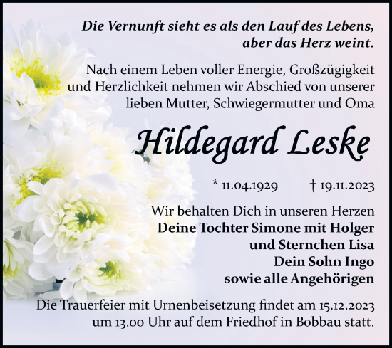 Traueranzeige von Hildegard Leske von Trauerkombi Bitterfeld