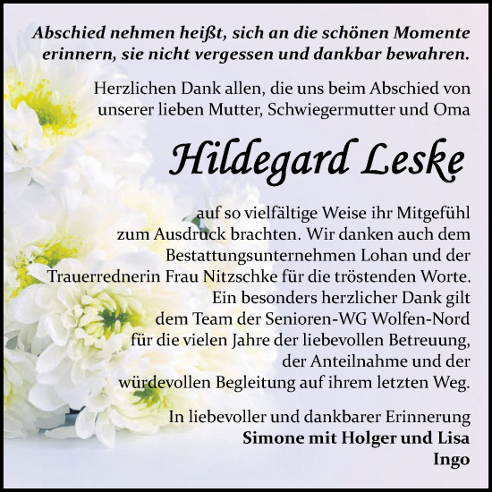 Traueranzeige von Hildegard Leske von Trauerkombi Bitterfeld