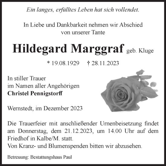 Traueranzeige von Hildegard Marggraf von Volksstimme Altmark West