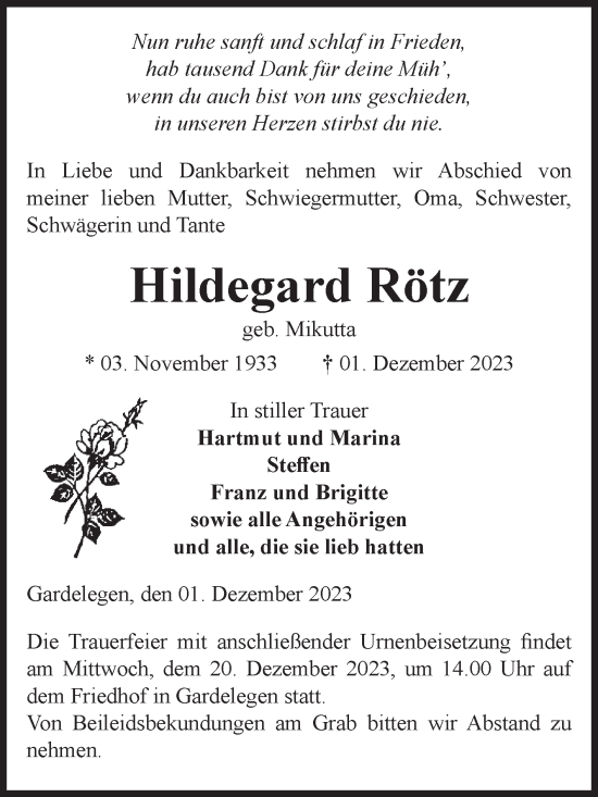 Traueranzeige von Hildegard Rötz von Volksstimme Altmark West
