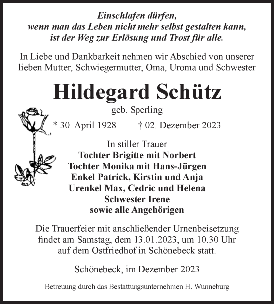 Traueranzeige von Hildegard Schütz von Volksstimme Schönebeck