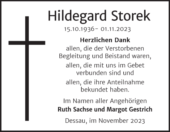Traueranzeige von Hildegard Storek von Mitteldeutsche Zeitung Dessau-Roßlau