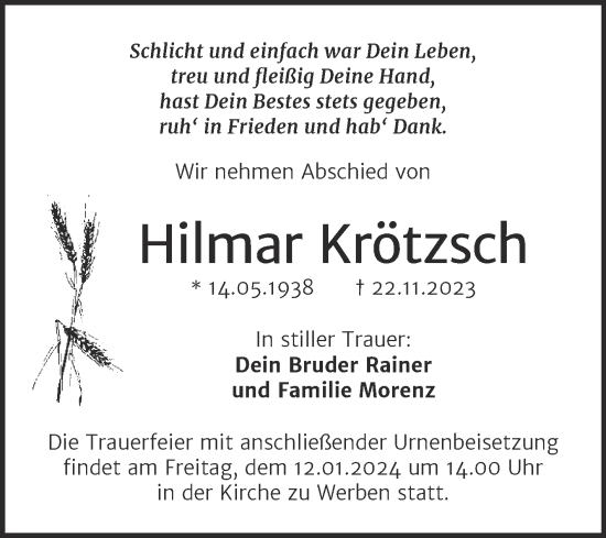 Traueranzeige von Hilmar Krötzsch von Trauerkombi Weißenfels