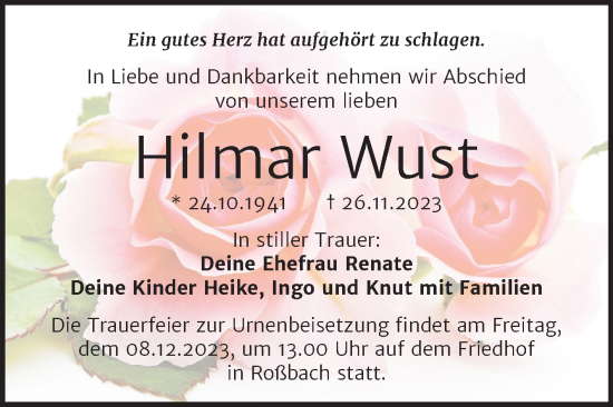 Traueranzeige von Hilmar Wust von Trauerkombi Merseburg