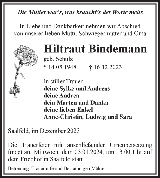Traueranzeige von Hiltraut Bindemann von Volksstimme Altmark West