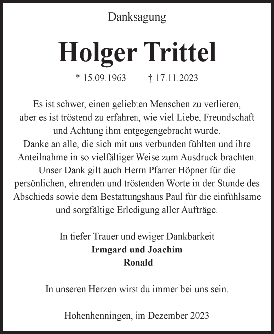 Traueranzeige von Holger Trittel von Volksstimme Altmark West