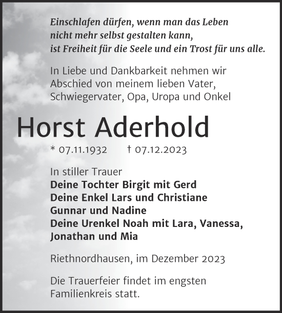 Traueranzeige von Horst Aderhold von Trauerkombi Sangerhausen