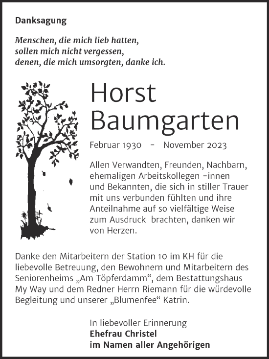 Traueranzeige von Horst Baumgarten von Trauerkombi Weißenfels