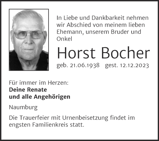 Traueranzeige von Horst Bocher von Naumburger Tageblatt