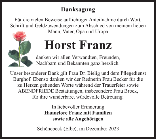 Traueranzeige von Horst Franz von Volksstimme Schönebeck