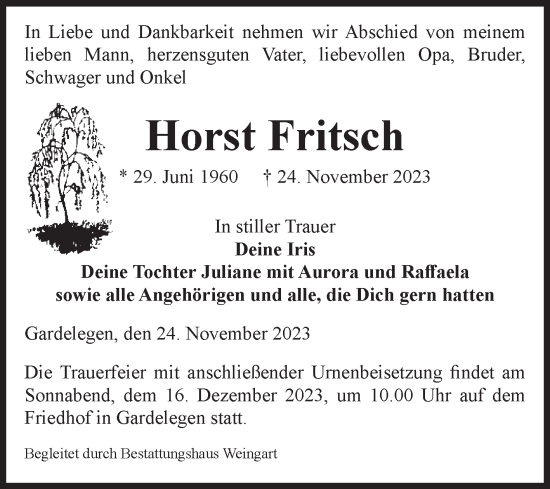 Traueranzeige von Horst Fritsch von Volksstimme Altmark West