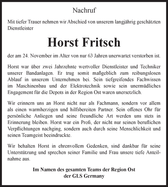 Traueranzeige von Horst Fritsch von Volksstimme Altmark West