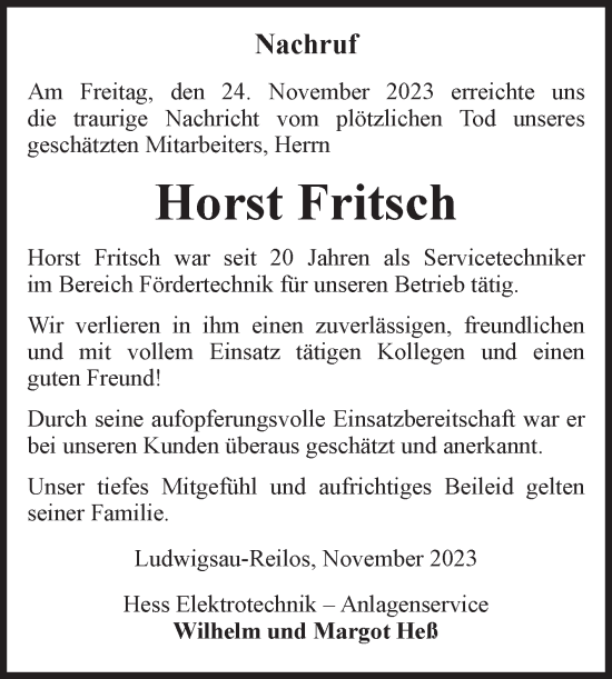 Traueranzeige von Horst Fritsch von Volksstimme Altmark West