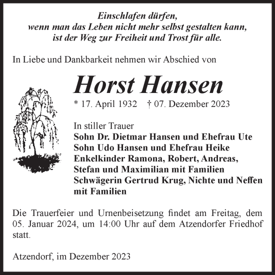 Traueranzeige von Horst Hansen von Volksstimme Staßfurt