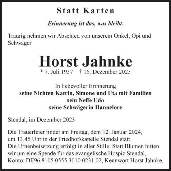 Traueranzeige von Horst Jahnke von Volksstimme Altmark Ost