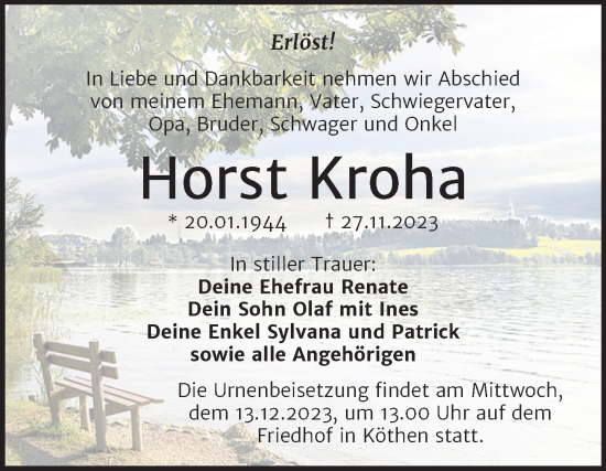 Traueranzeige von Horst Kroha von Trauerkombi Köthen