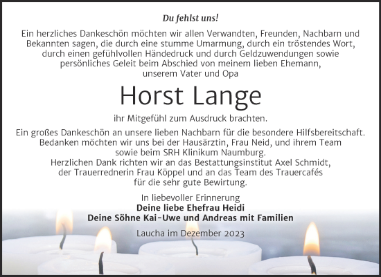 Traueranzeige von Horst Lange von Wochenspiegel Naumburg/Nebra