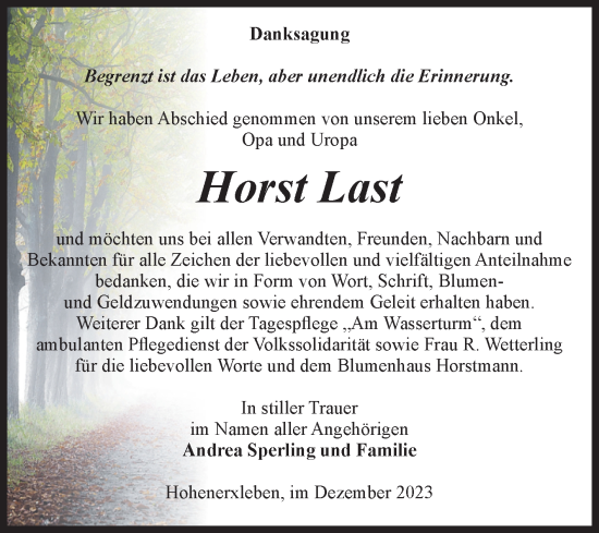 Traueranzeige von Horst Last von Volksstimme Staßfurt