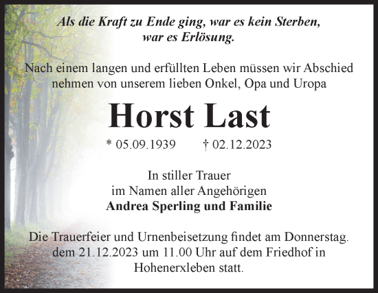 Traueranzeige von Horst Last von Volksstimme Staßfurt