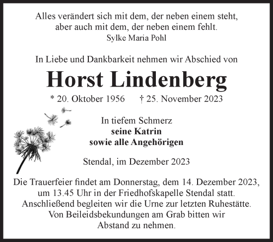 Traueranzeige von Horst Lindenberg von Volksstimme Altmark Ost