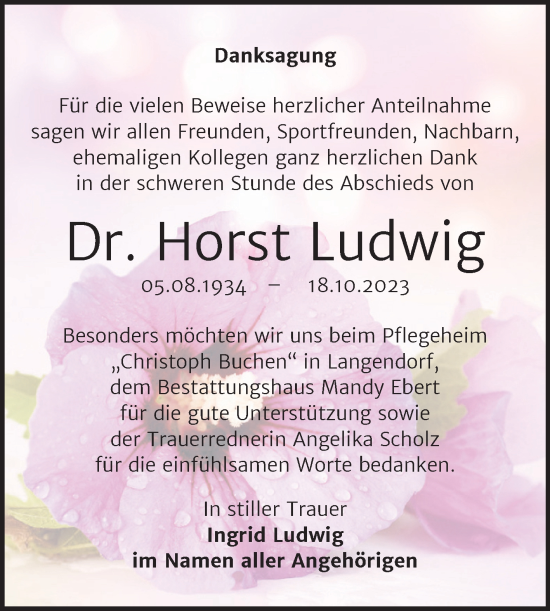 Traueranzeige von Horst Ludwig von Trauerkombi Weißenfels
