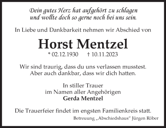 Traueranzeige von Horst Mentzel von Volksstimme Magdeburg