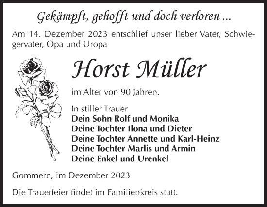 Traueranzeige von Horst Müller von Volksstimme Burg/Genthin