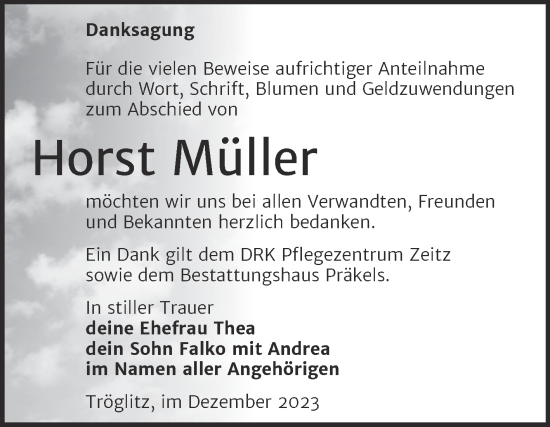 Traueranzeige von Horst Müller von Trauerkombi Zeitz