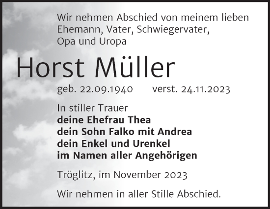 Traueranzeige von Horst Müller von Trauerkombi Zeitz