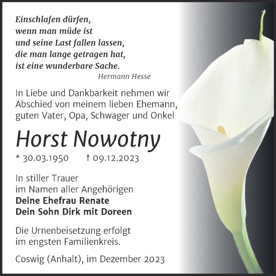 Traueranzeige von Horst Nowotny von Trauerkombi Wittenberg