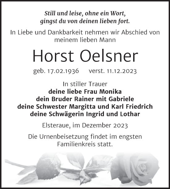 Traueranzeige von Horst Oelsner von Trauerkombi Zeitz