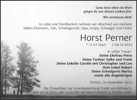 Traueranzeige von Horst Perner von Trauerkombi Weißenfels