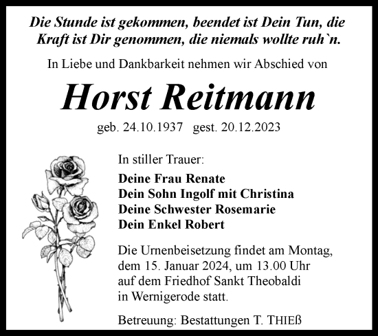 Traueranzeige von Horst Reitmann von Volksstimme Wernigerode