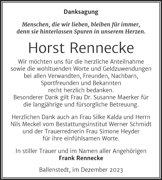 Traueranzeige von Horst Rennecke von Trauerkombi Quedlinburg