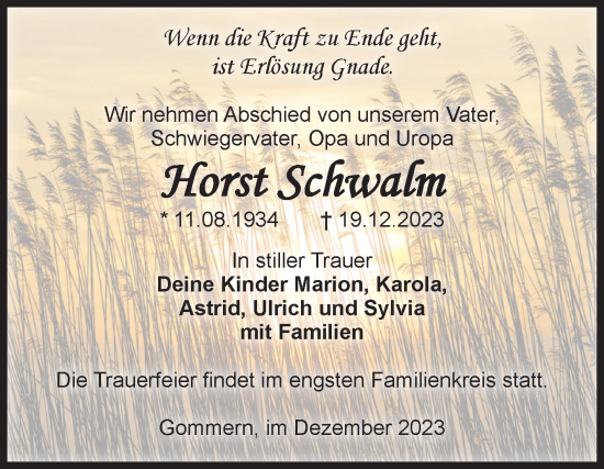Traueranzeige von Horst Schwalm von Volksstimme Burg/Genthin