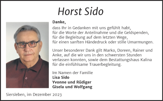 Traueranzeige von Horst Sido von Trauerkombi Mansfelder Land