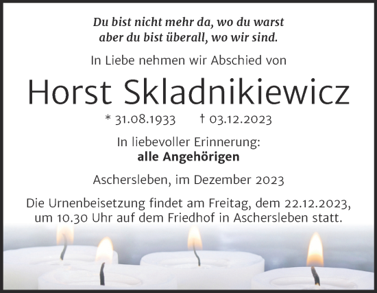 Traueranzeige von Horst Skladnikiewicz von Trauerkombi Aschersleben