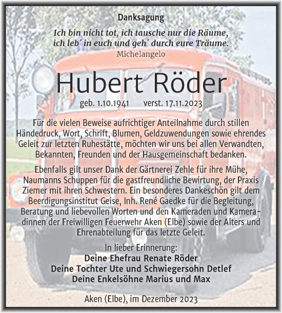 Traueranzeige von Hubert Röder von Trauerkombi Köthen