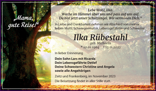 Traueranzeige von Ilka Rübestahl von Trauerkombi Zeitz